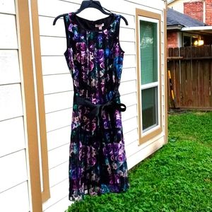 Floral Stripe Organza Sleeveless Flare Dress